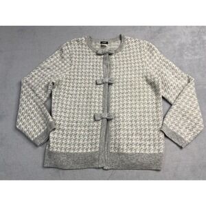 J Crew‎ Sweater Women Medium Gray Beige Cardigan Herringbone Bows Cashmere Wool